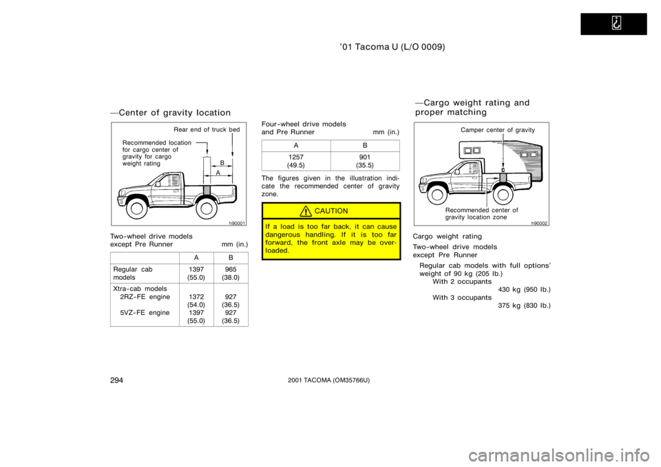 TOYOTA TACOMA 2001  Owners Manual (in English)   
’01 Tacoma U (L/O 0009)
2942001 TACOMA (OM35766U)
Center of gravity location
B
A
Rear end of truck bed
Recommended location 
for cargo center of
gravity for cargo 
weight rating
Two−wheel driv