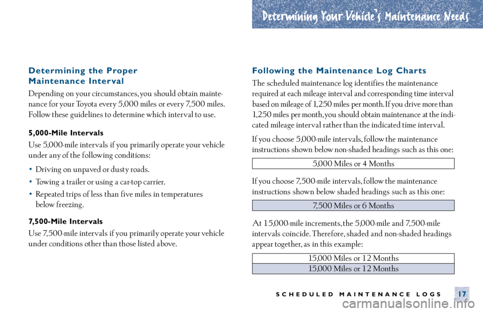 TOYOTA TACOMA 2001  Warranties & Maintenance Guides (in English) Determining Your Vehicle’s Maintenance Needs
SCHEDULED MAINTENANCE LOGS17
Determining the Proper 
Maintenance Interval
Depending on your circumstances, you  should obtain mainte-
nance for your Toyo