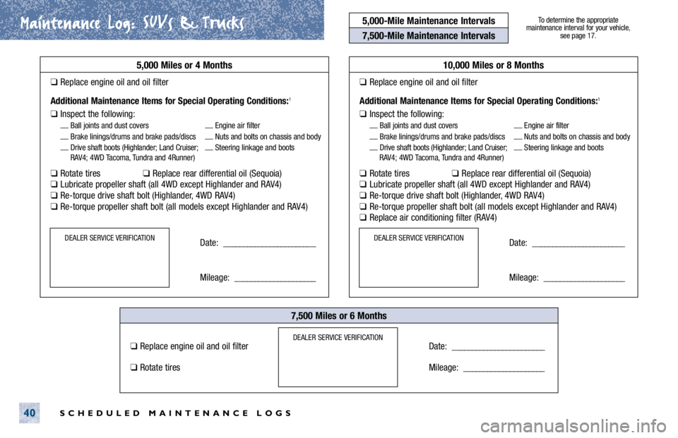 TOYOTA TACOMA 2001  Warranties & Maintenance Guides (in English) Maintenance Log.
. SUVs & Trucks
SCHEDULED MAINTENANCE LOGS40
5,000 Miles or 4 Months
❑Replace engine oil and oil filter
Additional Maintenance Items for Special Operating Conditions:1
❑Inspect th