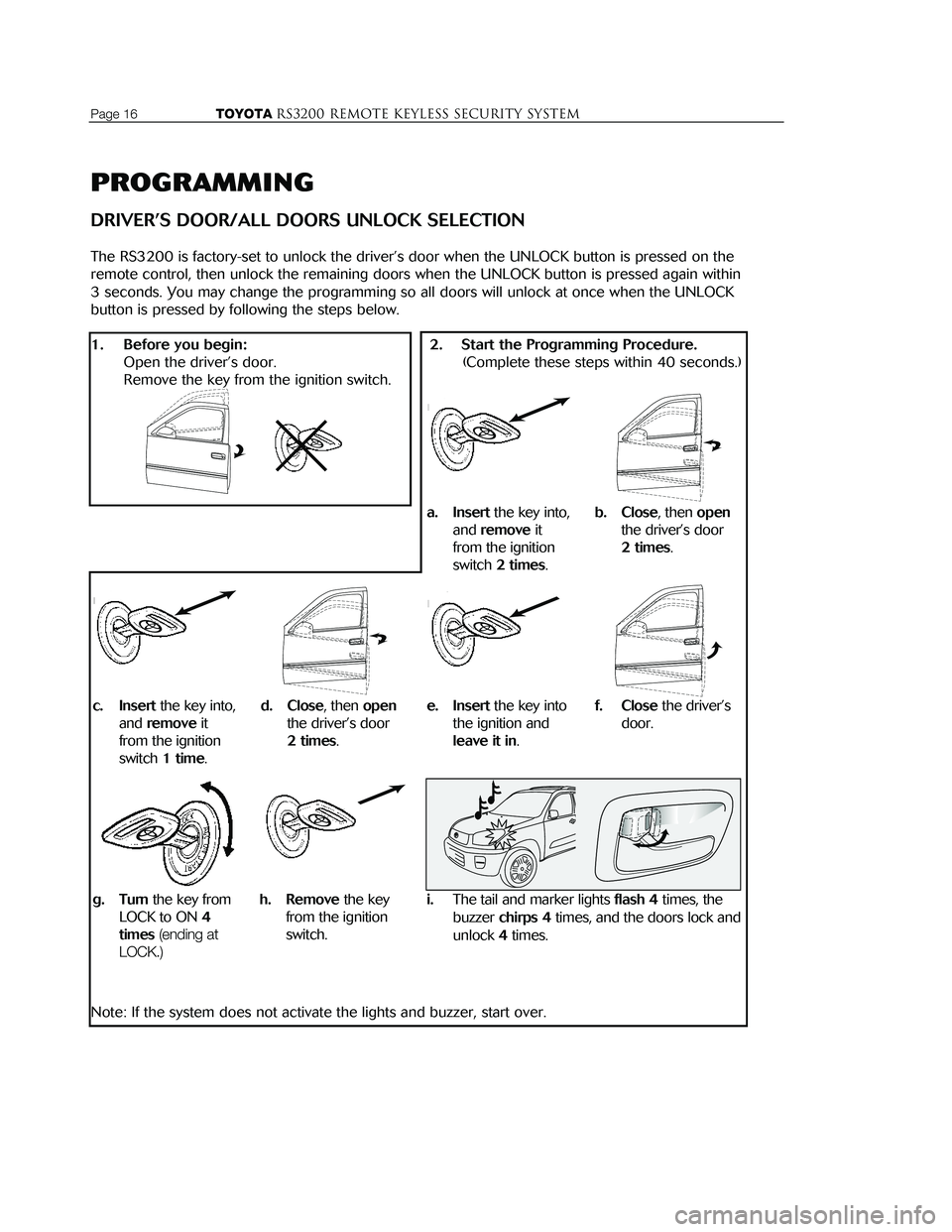 TOYOTA TACOMA 2002 Accessories, Audio & Navigation (in English) PROGRAMMING
DRIVER’S DOOR/ALL DOORS UNLOCK SELECTION
The RS3200 is factory-set to unlock the driver’s door when the UNLOCK button is pressed on the
remote control, then unlock the remaining doors TOYOTA TACOMA 2002 Accessories, Audio & Navigation (in English) PROGRAMMING
DRIVER’S DOOR/ALL DOORS UNLOCK SELECTION
The RS3200 is factory-set to unlock the driver’s door when the UNLOCK button is pressed on the
remote control, then unlock the remaining doors