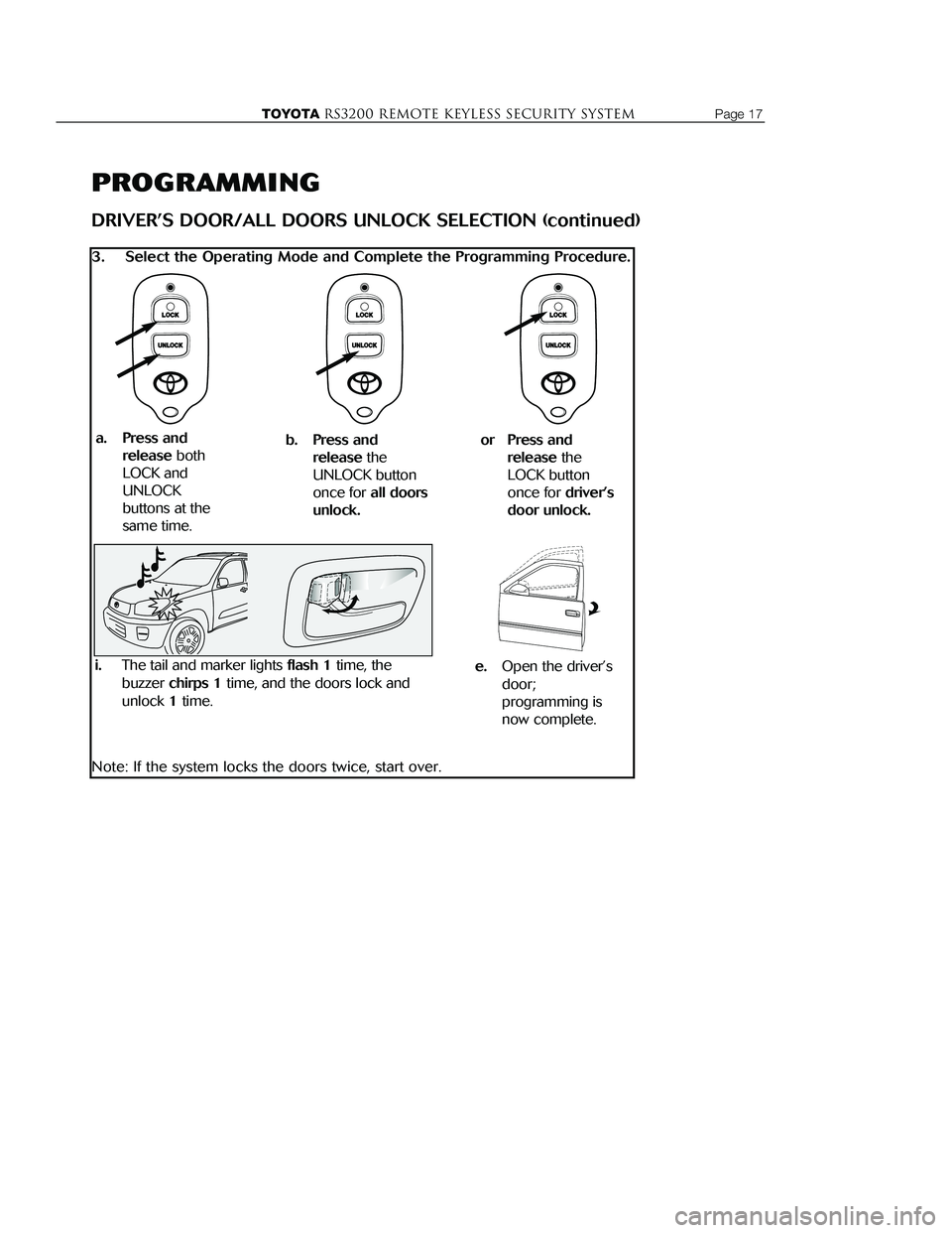 TOYOTA TACOMA 2002 Accessories, Audio & Navigation (in English) PROGRAMMING
DRIVER’S DOOR/ALL DOORS UNLOCK SELECTION (continued)
3. Select the Operating Mode and Complete the Programming Procedure.
Note: If the system locks the doors twice, start over.
Page 4 TOYOTA TACOMA 2002 Accessories, Audio & Navigation (in English) PROGRAMMING
DRIVER’S DOOR/ALL DOORS UNLOCK SELECTION (continued)
3. Select the Operating Mode and Complete the Programming Procedure.
Note: If the system locks the doors twice, start over.
Page 4