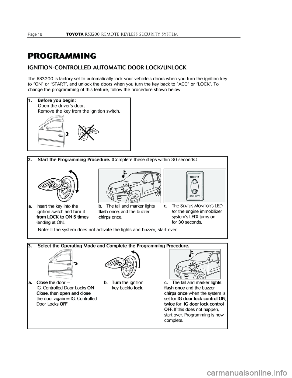 TOYOTA TACOMA 2002 Accessories, Audio & Navigation (in English) REMOTE CONTROL INFORMATION
THE REMOTE CONTROLS PROVIDED WITH YOUR SYSTEM
The 3 button remotes included with your system have separate LOCK and UNLOCK buttons on the
front �and a PANICbutton on the b TOYOTA TACOMA 2002 Accessories, Audio & Navigation (in English) REMOTE CONTROL INFORMATION
THE REMOTE CONTROLS PROVIDED WITH YOUR SYSTEM
The 3 button remotes included with your system have separate LOCK and UNLOCK buttons on the
front �and a PANICbutton on the b