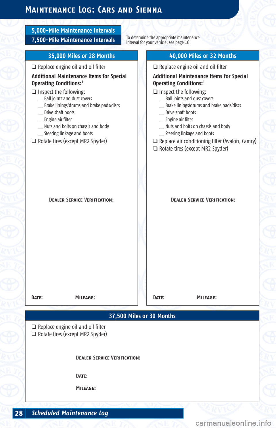 TOYOTA TACOMA 2002 Warranties & Maintenance Guides (in English) 5,000-Mile Maintenance Intervals
7,500-Mile Maintenance IntervalsTo determine the appropriate maintenance
interval for your vehicle, see page 16.
Maintenance Log: Cars and Sienna
37,500 Miles or 30 Mo TOYOTA TACOMA 2002 Warranties & Maintenance Guides (in English) 5,000-Mile Maintenance Intervals
7,500-Mile Maintenance IntervalsTo determine the appropriate maintenance
interval for your vehicle, see page 16.
Maintenance Log: Cars and Sienna
37,500 Miles or 30 Mo