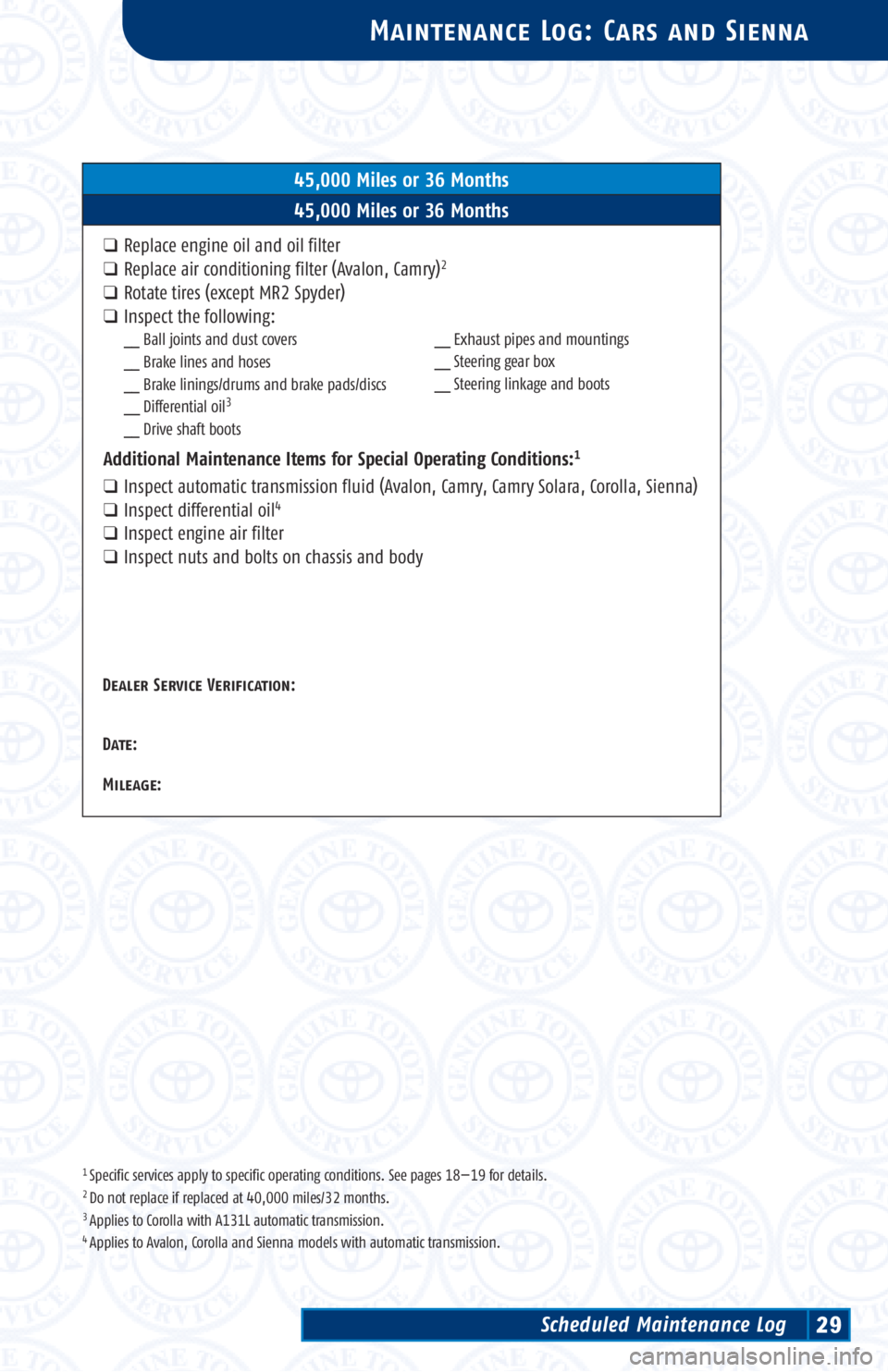 TOYOTA TACOMA 2002 Warranties & Maintenance Guides (in English) 1 Specific services apply to specific operating conditions. See pages 18—19 for details.2 Do not replace if replaced at 40,000 miles/32 months.3 Applies to Corolla with A131L automatic transmission. TOYOTA TACOMA 2002 Warranties & Maintenance Guides (in English) 1 Specific services apply to specific operating conditions. See pages 18—19 for details.2 Do not replace if replaced at 40,000 miles/32 months.3 Applies to Corolla with A131L automatic transmission.