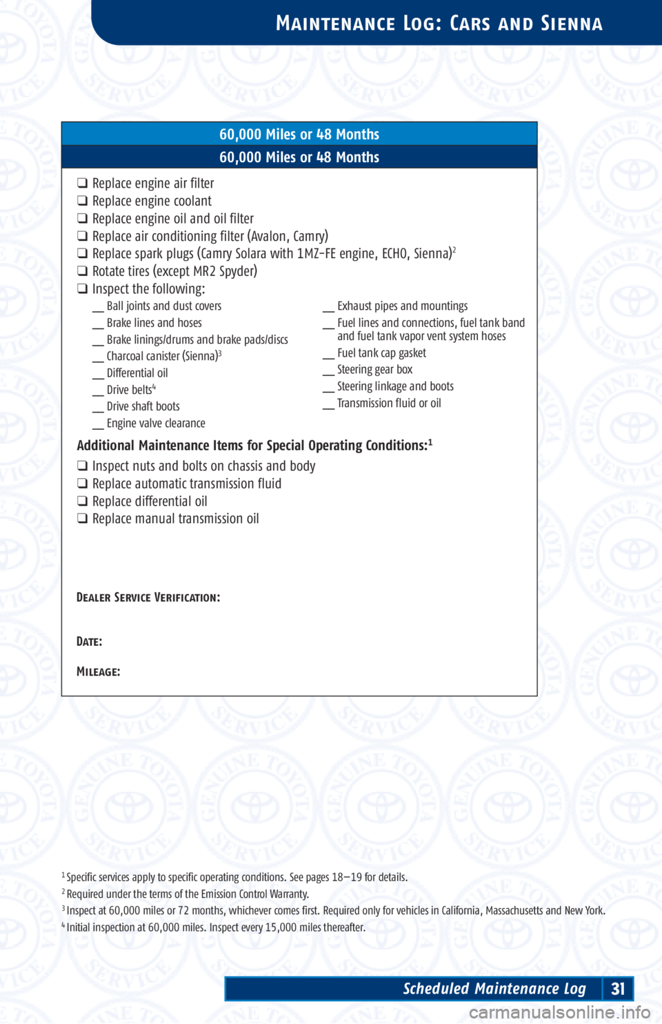 TOYOTA TACOMA 2002 Warranties & Maintenance Guides (in English) 1 Specific services apply to specific operating conditions. See pages 18—19 for details.2 Required under the terms of the Emission Control Warranty.3 Inspect at 60,000 miles or 72 months, whichever TOYOTA TACOMA 2002 Warranties & Maintenance Guides (in English) 1 Specific services apply to specific operating conditions. See pages 18—19 for details.2 Required under the terms of the Emission Control Warranty.3 Inspect at 60,000 miles or 72 months, whichever