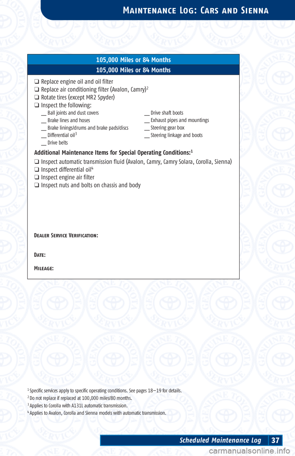 TOYOTA TACOMA 2002 Warranties & Maintenance Guides (in English) 1 Specific services apply to specific operating conditions. See pages 18—19 for details.2 Do not replace if replaced at 100,000 miles/80 months.3 Applies to Corolla with A131L automatic transmission TOYOTA TACOMA 2002 Warranties & Maintenance Guides (in English) 1 Specific services apply to specific operating conditions. See pages 18—19 for details.2 Do not replace if replaced at 100,000 miles/80 months.3 Applies to Corolla with A131L automatic transmission