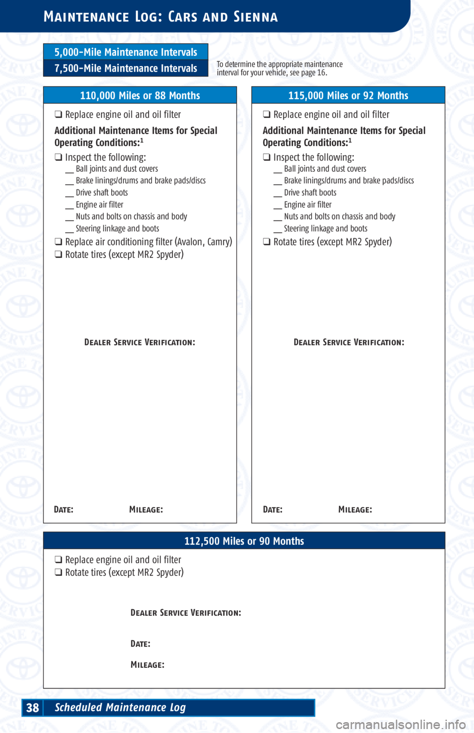 TOYOTA TACOMA 2002 Warranties & Maintenance Guides (in English) 5,000-Mile Maintenance Intervals
7,500-Mile Maintenance IntervalsTo determine the appropriate maintenance
interval for your vehicle, see page 16.
Maintenance Log: Cars and Sienna
112,500 Miles or 90 M TOYOTA TACOMA 2002 Warranties & Maintenance Guides (in English) 5,000-Mile Maintenance Intervals
7,500-Mile Maintenance IntervalsTo determine the appropriate maintenance
interval for your vehicle, see page 16.
Maintenance Log: Cars and Sienna
112,500 Miles or 90 M