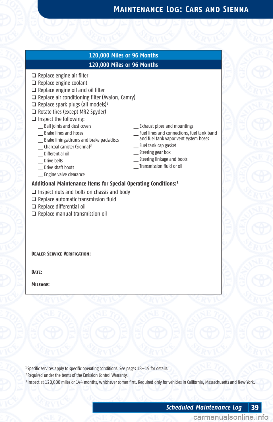 TOYOTA TACOMA 2002 Warranties & Maintenance Guides (in English) 1 Specific services apply to specific operating conditions. See pages 18—19 for details.2 Required under the terms of the Emission Control Warranty.3 Inspect at 120,000 miles or 144 months, whicheve TOYOTA TACOMA 2002 Warranties & Maintenance Guides (in English) 1 Specific services apply to specific operating conditions. See pages 18—19 for details.2 Required under the terms of the Emission Control Warranty.3 Inspect at 120,000 miles or 144 months, whicheve