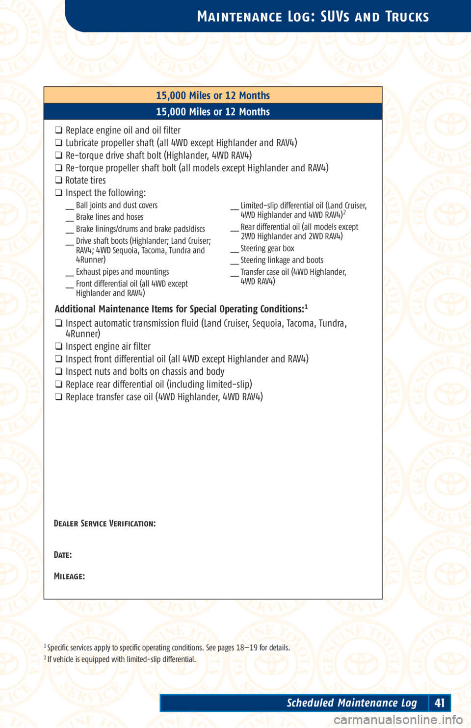 TOYOTA TACOMA 2002 Warranties & Maintenance Guides (in English) 1 Specific services apply to specific operating conditions. See pages 18—19 for details.2 If vehicle is equipped with limited-slip differential.
Maintenance Log: SUVs and Trucks
15,000 Miles or 12 M TOYOTA TACOMA 2002 Warranties & Maintenance Guides (in English) 1 Specific services apply to specific operating conditions. See pages 18—19 for details.2 If vehicle is equipped with limited-slip differential.
Maintenance Log: SUVs and Trucks
15,000 Miles or 12 M
