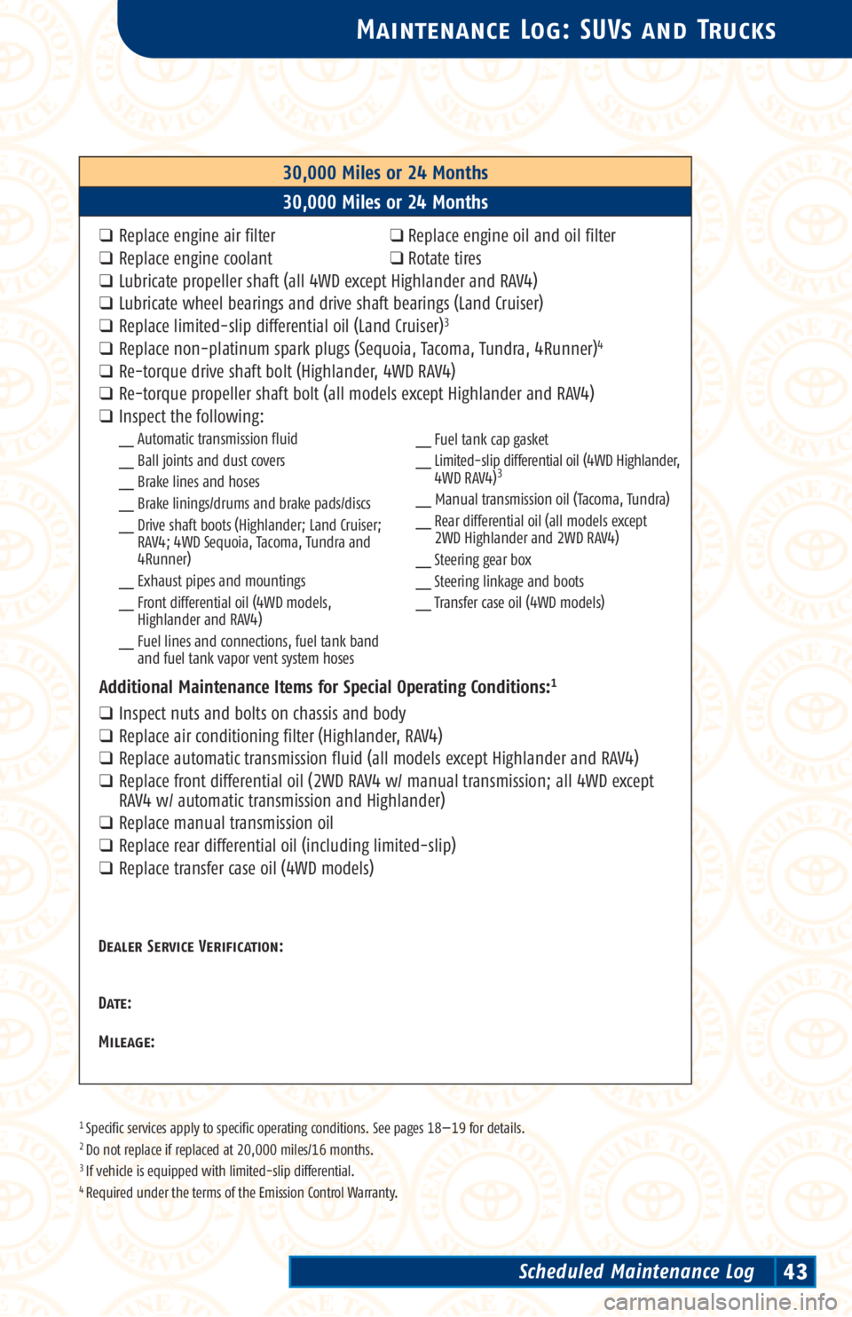 TOYOTA TACOMA 2002 Warranties & Maintenance Guides (in English) 1 Specific services apply to specific operating conditions. See pages 18—19 for details.2 Do not replace if replaced at 20,000 miles/16 months.3 If vehicle is equipped with limited-slip differential TOYOTA TACOMA 2002 Warranties & Maintenance Guides (in English) 1 Specific services apply to specific operating conditions. See pages 18—19 for details.2 Do not replace if replaced at 20,000 miles/16 months.3 If vehicle is equipped with limited-slip differential