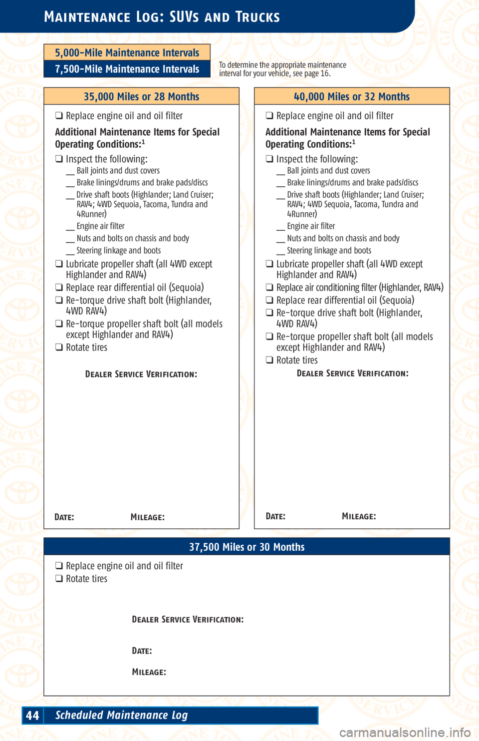 TOYOTA TACOMA 2002 Warranties & Maintenance Guides (in English) 5,000-Mile Maintenance Intervals
7,500-Mile Maintenance IntervalsTo determine the appropriate maintenance
interval for your vehicle, see page 16.
Maintenance Log: SUVs and Trucks
37,500 Miles or 30 Mo TOYOTA TACOMA 2002 Warranties & Maintenance Guides (in English) 5,000-Mile Maintenance Intervals
7,500-Mile Maintenance IntervalsTo determine the appropriate maintenance
interval for your vehicle, see page 16.
Maintenance Log: SUVs and Trucks
37,500 Miles or 30 Mo