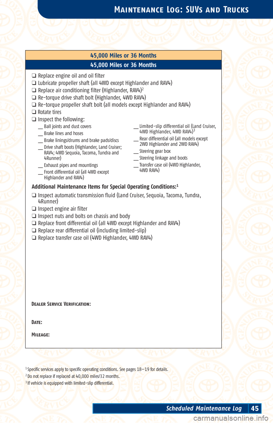 TOYOTA TACOMA 2002 Warranties & Maintenance Guides (in English) 1 Specific services apply to specific operating conditions. See pages 18—19 for details.2 Do not replace if replaced at 40,000 miles/32 months.3 If vehicle is equipped with limited-slip differential TOYOTA TACOMA 2002 Warranties & Maintenance Guides (in English) 1 Specific services apply to specific operating conditions. See pages 18—19 for details.2 Do not replace if replaced at 40,000 miles/32 months.3 If vehicle is equipped with limited-slip differential