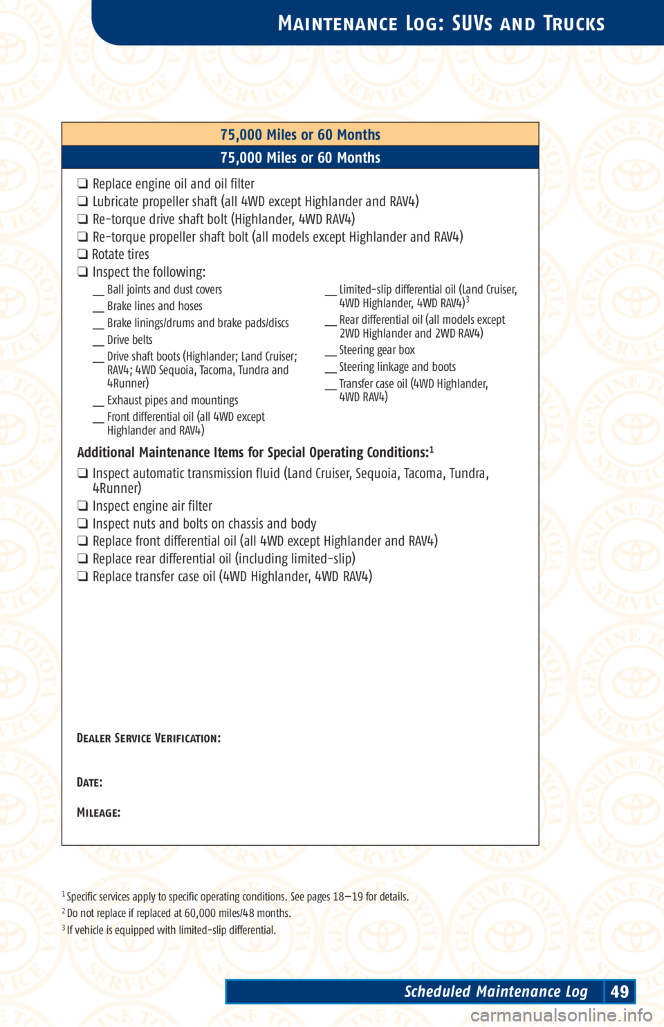 TOYOTA TACOMA 2002 Warranties & Maintenance Guides (in English) 1 Specific services apply to specific operating conditions. See pages 18—19 for details.2 Do not replace if replaced at 60,000 miles/48 months.3 If vehicle is equipped with limited-slip differential TOYOTA TACOMA 2002 Warranties & Maintenance Guides (in English) 1 Specific services apply to specific operating conditions. See pages 18—19 for details.2 Do not replace if replaced at 60,000 miles/48 months.3 If vehicle is equipped with limited-slip differential
