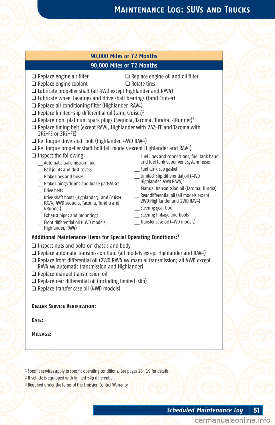 TOYOTA TACOMA 2002  Warranties & Maintenance Guides (in English) 5,000-Mile Maintenance Intervals
7,500-Mile Maintenance IntervalsTo determine the appropriate maintenance
interval for your vehicle, see page 16.
Dealer Service Verification:
Date:
Mileage:
Dealer Ser