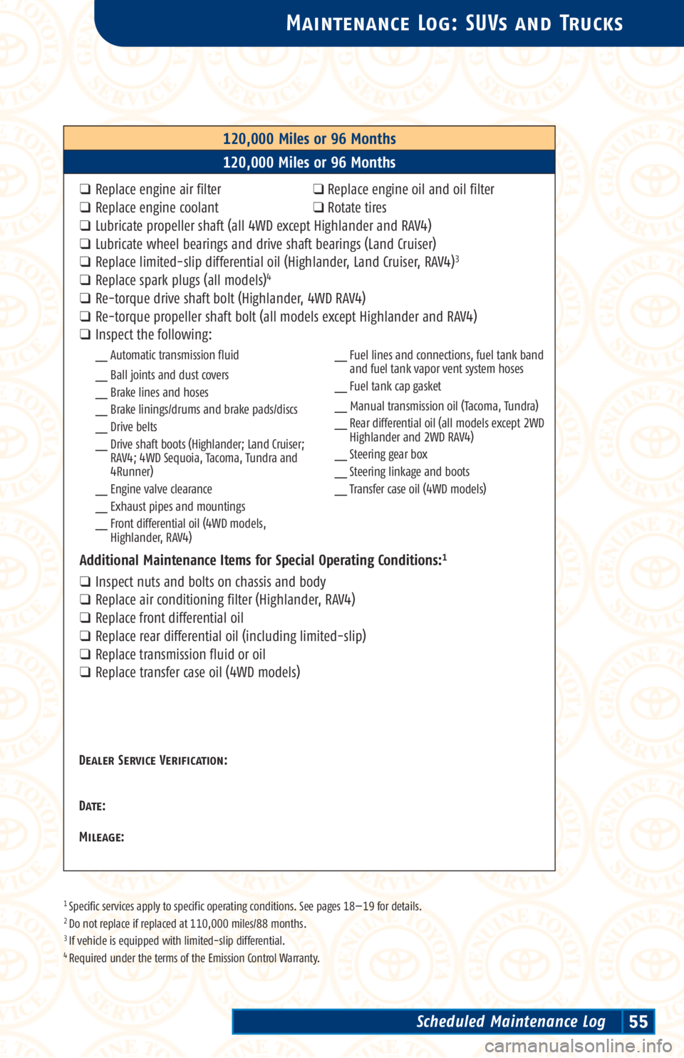 TOYOTA TACOMA 2002 Warranties & Maintenance Guides (in English) 1 Specific services apply to specific operating conditions. See pages 18—19 for details.2 Do not replace if replaced at 110,000 miles/88 months.3 If vehicle is equipped with limited-slip differentia TOYOTA TACOMA 2002 Warranties & Maintenance Guides (in English) 1 Specific services apply to specific operating conditions. See pages 18—19 for details.2 Do not replace if replaced at 110,000 miles/88 months.3 If vehicle is equipped with limited-slip differentia