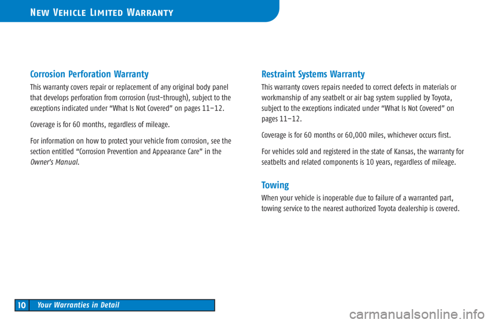 TOYOTA TACOMA 2003 (in English) User Guide Corrosion Perforation Warranty
This warranty covers repair or replacement of any original body panel
that develops perforation from corrosion (rust-through), subject to the
exceptions indicated under TOYOTA TACOMA 2003 (in English) User Guide Corrosion Perforation Warranty
This warranty covers repair or replacement of any original body panel
that develops perforation from corrosion (rust-through), subject to the
exceptions indicated under