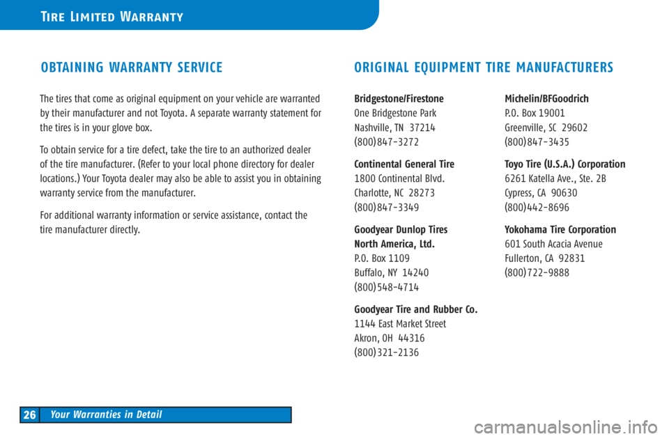 TOYOTA TACOMA 2003 (in English) Owners Manual OBTAINING WARRANTY SERVICEORIGINAL EQUIPMENT TIRE MANUFACTURERS
The tires that come as original equipment on your vehicle are warranted
by their manufacturer and not Toyota. A separate warranty statem TOYOTA TACOMA 2003 (in English) Owners Manual OBTAINING WARRANTY SERVICEORIGINAL EQUIPMENT TIRE MANUFACTURERS
The tires that come as original equipment on your vehicle are warranted
by their manufacturer and not Toyota. A separate warranty statem