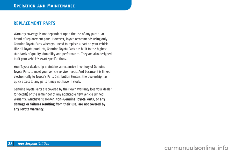 TOYOTA TACOMA 2003 (in English) Owners Manual Warranty coverage is not dependent upon the use of any particular
brand of replacement parts. However, Toyota recommends using only
Genuine Toyota Parts when you need to replace a part on your vehicle TOYOTA TACOMA 2003 (in English) Owners Manual Warranty coverage is not dependent upon the use of any particular
brand of replacement parts. However, Toyota recommends using only
Genuine Toyota Parts when you need to replace a part on your vehicle