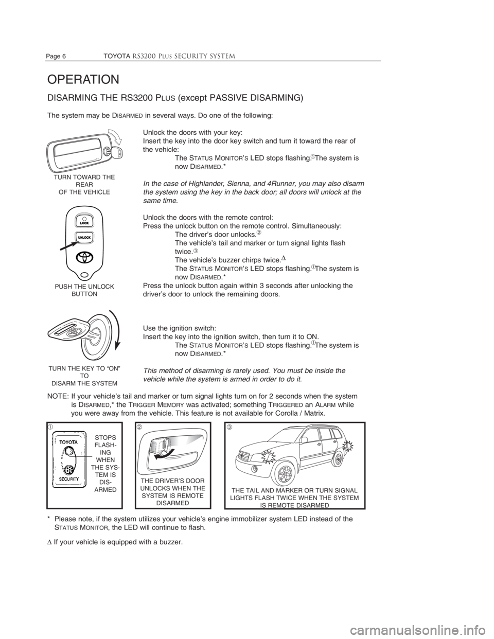 TOYOTA TACOMA 2003  Accessories, Audio & Navigation (in English) Page 6                    TOYOTARS3200 PLUSSecurity system
OPERATION
DISARMING THE RS3200 PLUS(except PASSIVE DISARMING)
The system may be DISARMEDin several ways. Do one of the following: 
Unlock the