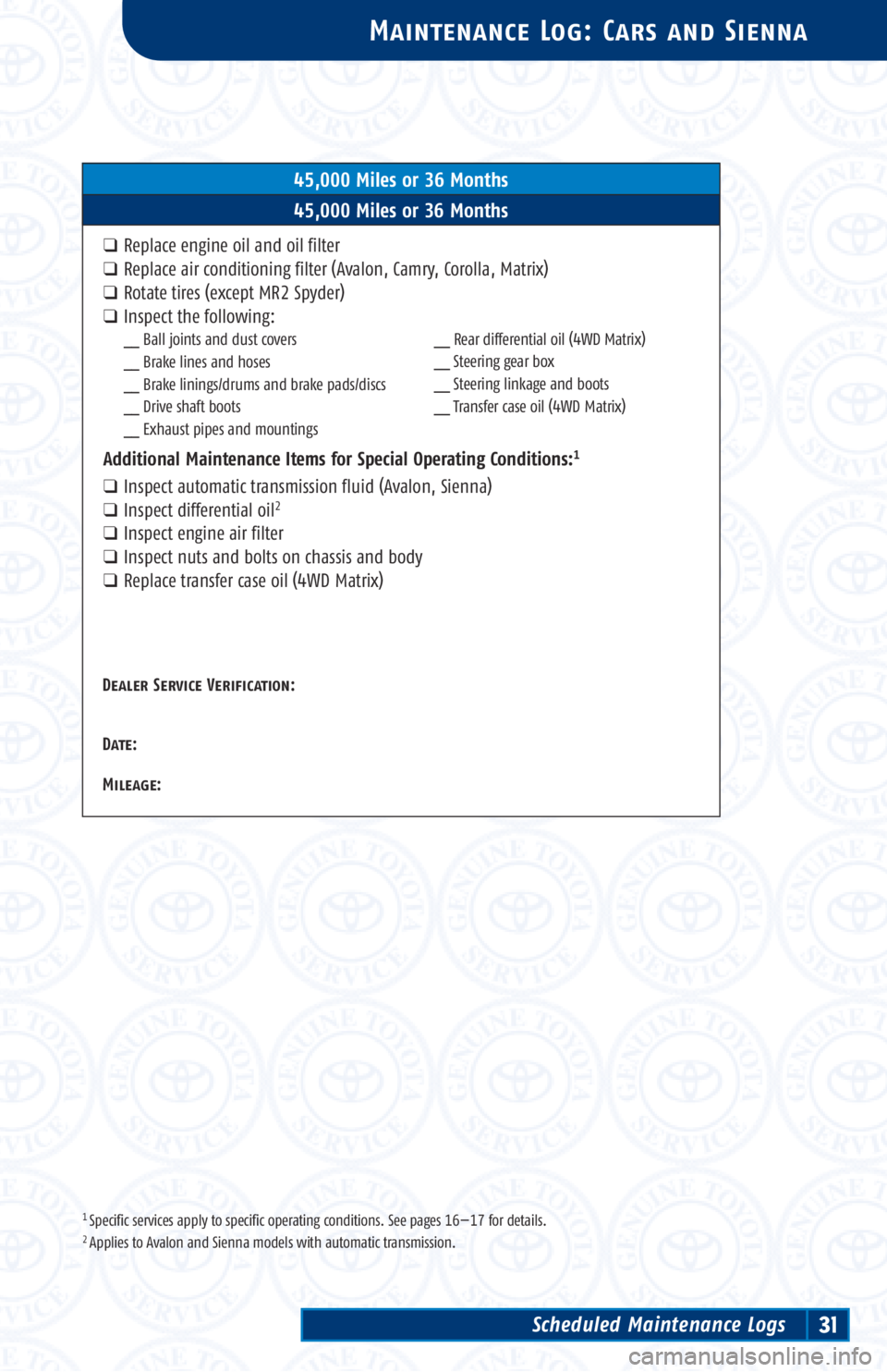TOYOTA TACOMA 2003 Warranties & Maintenance Guides (in English) 1 Specific services apply to specific operating conditions. See pages 16—17 for details.2 Applies to Avalon and Sienna models with automatic transmission.
Maintenance Log: Cars and Sienna
45,000 Mil TOYOTA TACOMA 2003 Warranties & Maintenance Guides (in English) 1 Specific services apply to specific operating conditions. See pages 16—17 for details.2 Applies to Avalon and Sienna models with automatic transmission.
Maintenance Log: Cars and Sienna
45,000 Mil