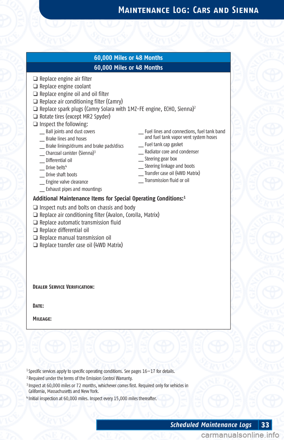 TOYOTA TACOMA 2003 Warranties & Maintenance Guides (in English) 1 Specific services apply to specific operating conditions. See pages 16—17 for details.2 Required under the terms of the Emission Control Warranty.3 Inspect at 60,000 miles or 72 months, whichever TOYOTA TACOMA 2003 Warranties & Maintenance Guides (in English) 1 Specific services apply to specific operating conditions. See pages 16—17 for details.2 Required under the terms of the Emission Control Warranty.3 Inspect at 60,000 miles or 72 months, whichever
