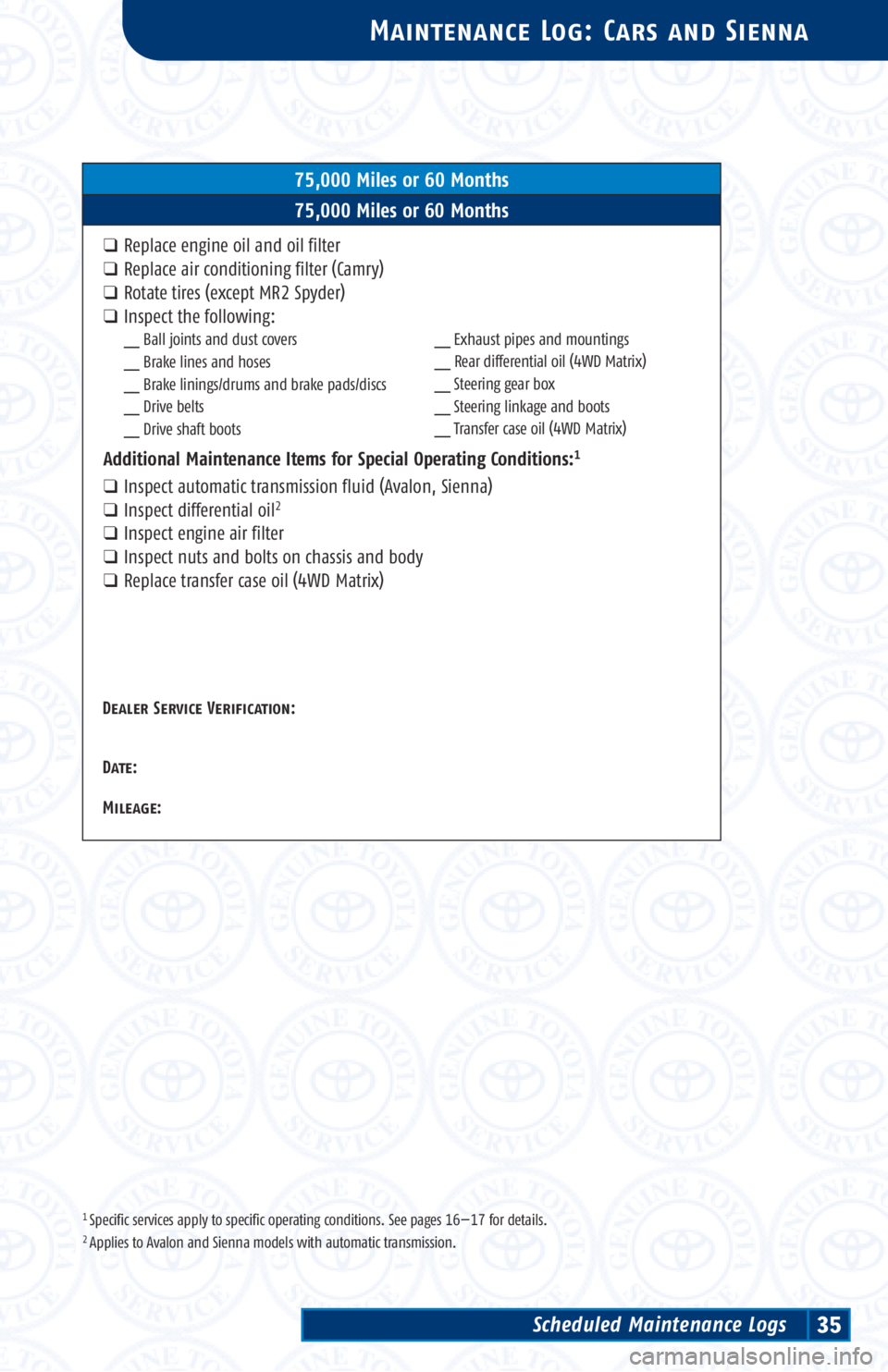TOYOTA TACOMA 2003 Warranties & Maintenance Guides (in English) 1 Specific services apply to specific operating conditions. See pages 16—17 for details.2 Applies to Avalon and Sienna models with automatic transmission.
Maintenance Log: Cars and Sienna
75,000 Mil TOYOTA TACOMA 2003 Warranties & Maintenance Guides (in English) 1 Specific services apply to specific operating conditions. See pages 16—17 for details.2 Applies to Avalon and Sienna models with automatic transmission.
Maintenance Log: Cars and Sienna
75,000 Mil