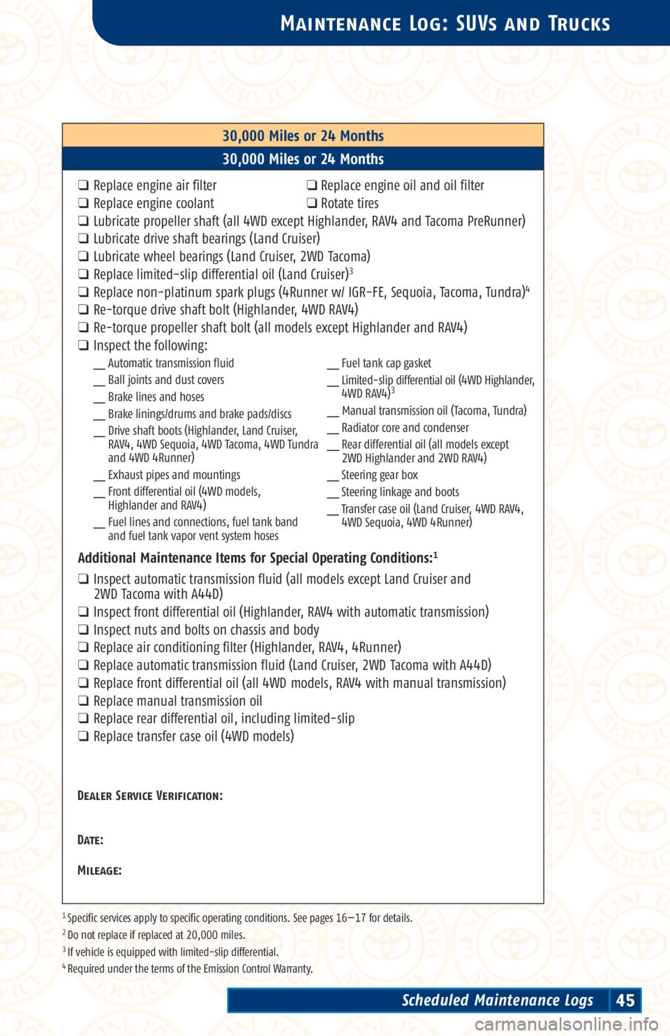 TOYOTA TACOMA 2003 Warranties & Maintenance Guides (in English) 1 Specific services apply to specific operating conditions. See pages 16—17 for details.2 Do not replace if replaced at 20,000 miles.3 If vehicle is equipped with limited-slip differential.4 Require TOYOTA TACOMA 2003 Warranties & Maintenance Guides (in English) 1 Specific services apply to specific operating conditions. See pages 16—17 for details.2 Do not replace if replaced at 20,000 miles.3 If vehicle is equipped with limited-slip differential.4 Require