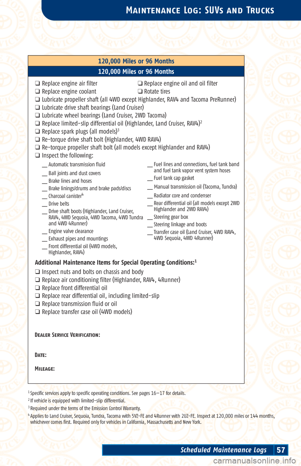 TOYOTA TACOMA 2003 Warranties & Maintenance Guides (in English) 1 Specific services apply to specific operating conditions. See pages 16—17 for details.2 If vehicle is equipped with limited-slip differential.3 Required under the terms of the Emission Control War TOYOTA TACOMA 2003 Warranties & Maintenance Guides (in English) 1 Specific services apply to specific operating conditions. See pages 16—17 for details.2 If vehicle is equipped with limited-slip differential.3 Required under the terms of the Emission Control War