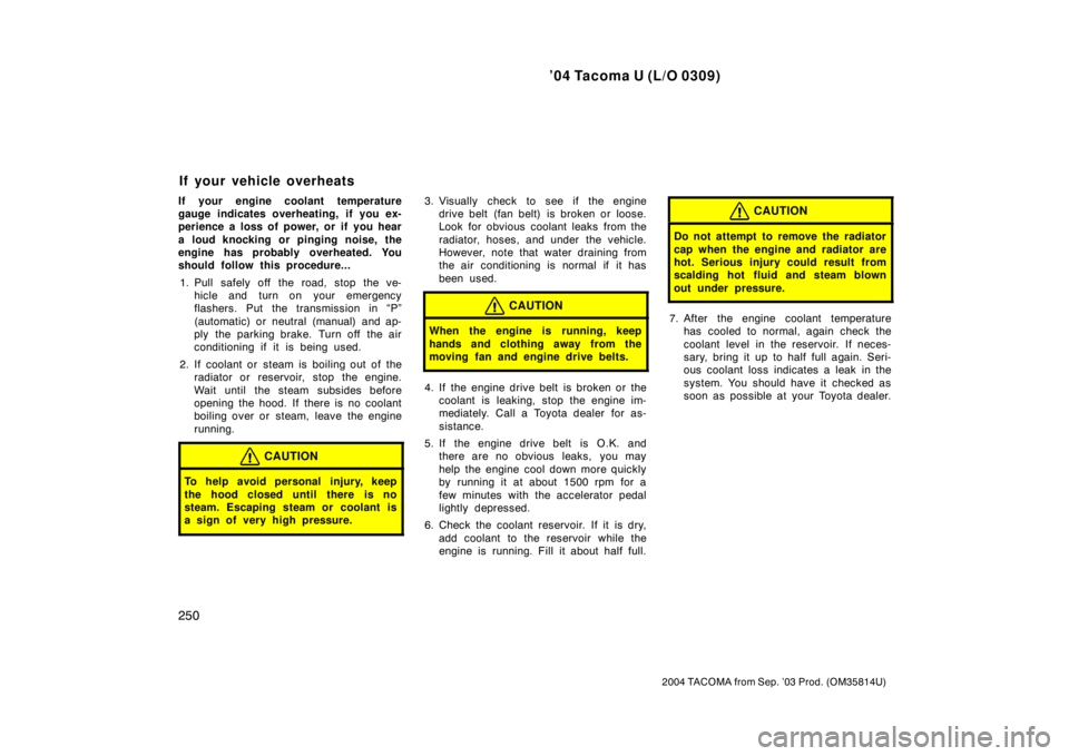 TOYOTA TACOMA 2004  Owners Manual (in English) ’04 Tacoma U (L/O 0309)
250
2004 TACOMA from Sep. ’03 Prod. (OM35814U)
If your engine coolant temperature
gauge indicates overheating, if you ex-
perience a loss of power, or if you hear
a loud kn