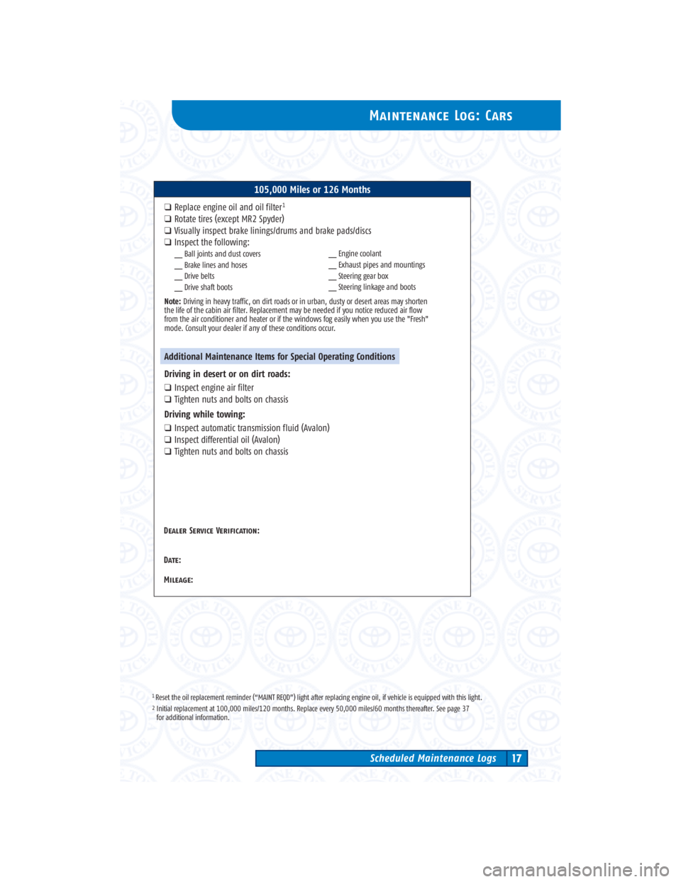 TOYOTA TACOMA 2004 Warranties & Maintenance Guides (in English) 1Reset the oil replacement reminder (“MAINT REQD”) light after replacing engine oil, if vehicle is equipped with this light.2Initial replacement at 100,000 miles/120 months. Replace every 50,000 m TOYOTA TACOMA 2004 Warranties & Maintenance Guides (in English) 1Reset the oil replacement reminder (“MAINT REQD”) light after replacing engine oil, if vehicle is equipped with this light.2Initial replacement at 100,000 miles/120 months. Replace every 50,000 m
