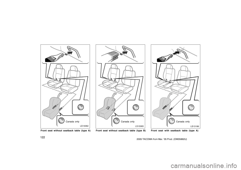 TOYOTA TACOMA 2005  Owners Manual (in English) 1222005 TACOMA from Mar. ’05 Prod. (OM35862U)
LS13082
Canada only
Front seat without seatback table (type A)
LS13083
Canada only
Front seat without seatback table (type B)
LS13186
Canada only
Front 
