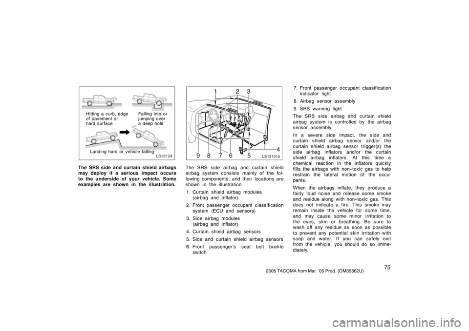 TOYOTA TACOMA 2005   (in English) Manual Online 752005 TACOMA from Mar. ’05 Prod. (OM35862U)
LS13124
Hitting a curb, edge
of pavement or
hard surfaceFalling into or
jumping over
a deep hole
Landing hard or vehicle falling
The SRS side and curtain
