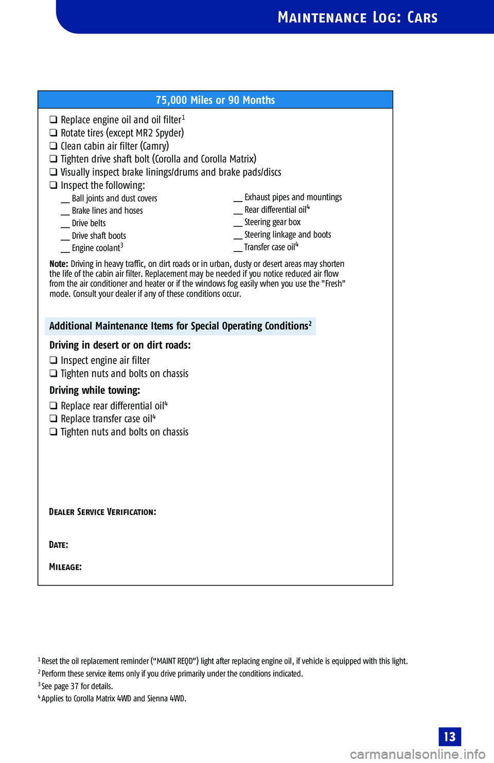 TOYOTA TACOMA 2005 Warranties & Maintenance Guides (in English)
1 Reset the oil replacement reminder (“MAINT REQD”) light after replacing engine oil, if vehicle is equipped with this light.2 Perform these service items only if you drive primarily under the co TOYOTA TACOMA 2005 Warranties & Maintenance Guides (in English)
1 Reset the oil replacement reminder (“MAINT REQD”) light after replacing engine oil, if vehicle is equipped with this light.2 Perform these service items only if you drive primarily under the co