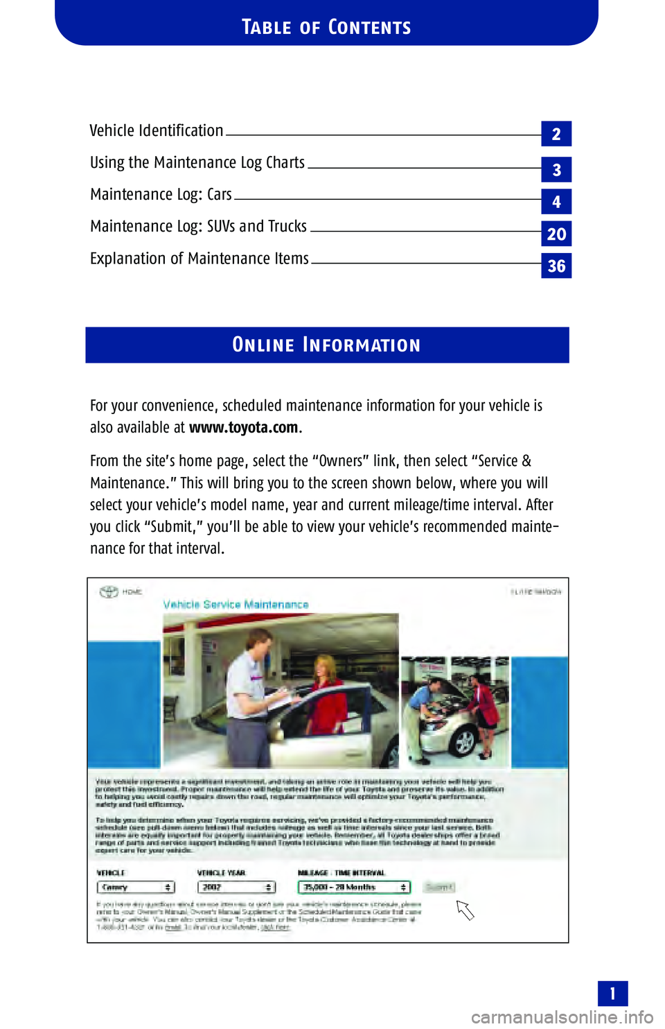 TOYOTA TACOMA 2005  Warranties & Maintenance Guides (in English) 1
Vehicle Identification
Using the Maintenance Log Charts
Maintenance Log: Cars
Maintenance Log: SUVs and Trucks
Explanation of Maintenance Items 
Table of Contents
For your convenience, scheduled mai