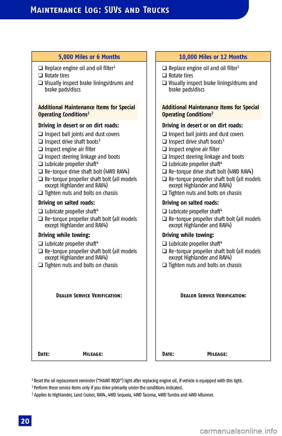 TOYOTA TACOMA 2005 Warranties & Maintenance Guides (in English)
1 Reset the oil replacement reminder (“MAINT REQD”) light after replacing engine oil, if vehicle is equipped with this light.2 Perform these service items only if you drive primarily under the co TOYOTA TACOMA 2005 Warranties & Maintenance Guides (in English)
1 Reset the oil replacement reminder (“MAINT REQD”) light after replacing engine oil, if vehicle is equipped with this light.2 Perform these service items only if you drive primarily under the co
