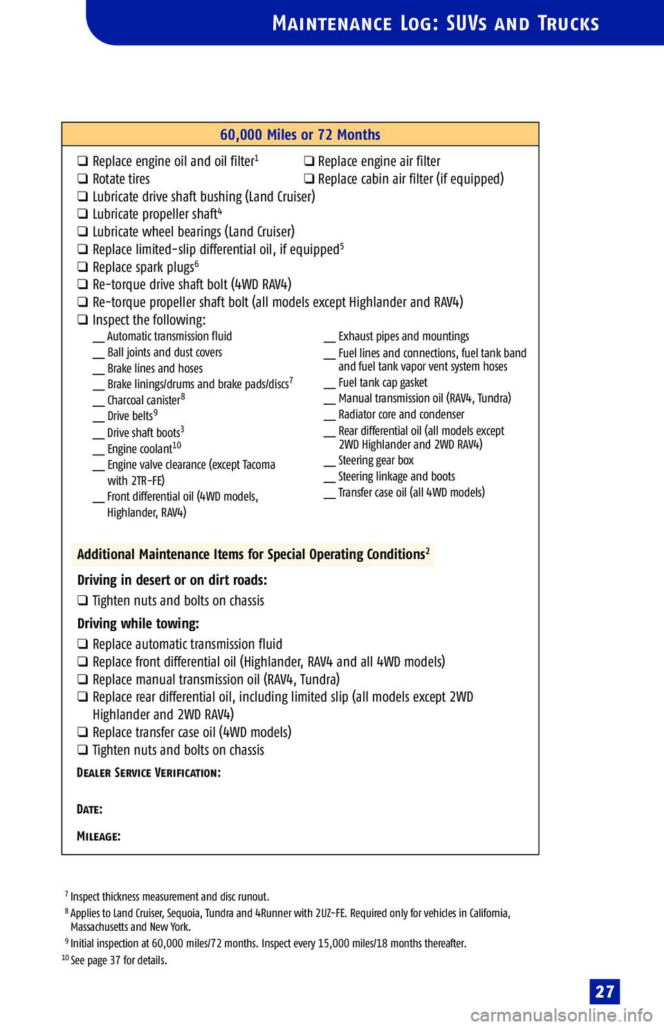 TOYOTA TACOMA 2005  Warranties & Maintenance Guides (in English) 
Maintenance Log: SUVs and Trucks
7 Inspect thickness measurement and disc runout.8 Applies to Land C ru iser, Sequoia, Tundra and 4Runner with 2UZ�FE. Required only for vehicles in California,
Massac