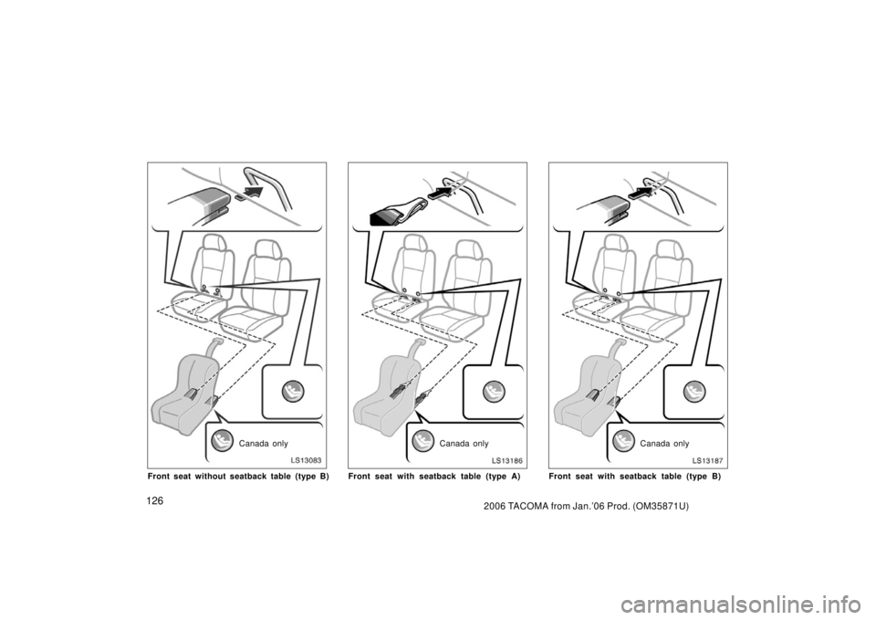 TOYOTA TACOMA 2006  Owners Manual (in English) 1262006 TACOMA from Jan.’06 Prod. (OM35871U)
LS13083
Canada only
Front seat without seatback table (type B)
LS13186
Canada only
Front seat with seatback table (type A)
LS13187
Canada only
Front seat
