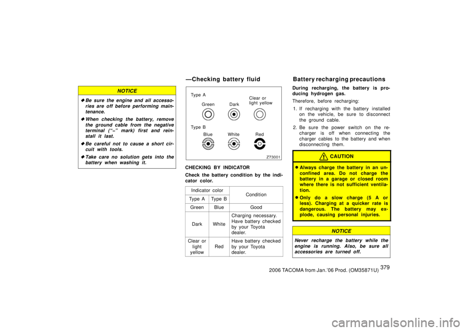 TOYOTA TACOMA 2006  Owners Manual (in English) 3792006 TACOMA from Jan.’06 Prod. (OM35871U)
NOTICE
Be sure the engine and all accesso-
ries are off before performing main-
tenance.
 When checking the battery, remove
the ground cable from the n