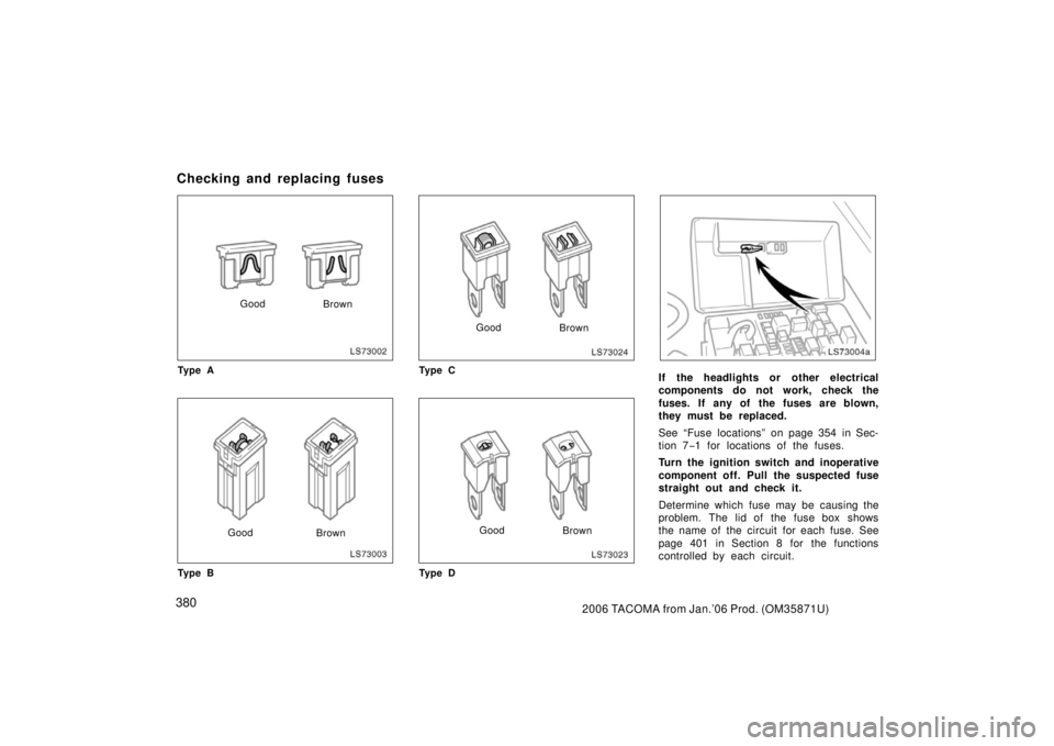 TOYOTA TACOMA 2006  Owners Manual (in English) 3802006 TACOMA from Jan.’06 Prod. (OM35871U)
LS73002
GoodBrown
Ty p e A
LS73003
Good Brown
Ty p e B
LS73024
Good Brown
Ty p e C
LS73023
Good Brown
Ty p e D
LS73004a
If the headlights or  other elect