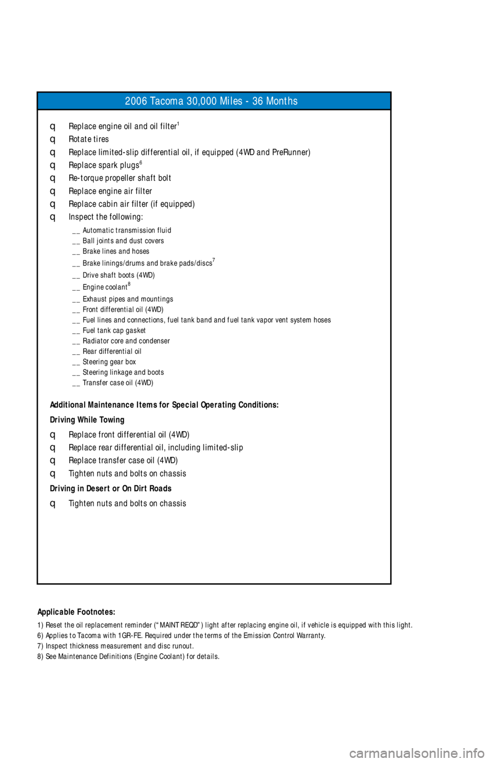 TOYOTA TACOMA 2006  Warranties & Maintenance Guides (in English) 2008 Tacooa 30,000 Oilgs / 38 Oopths
q Rgplacg gpgipg oil apd oil hiltgr1 
q Rotatg tirgs
q Rgplacg lioitgd/slip dihhgrgptial oil, ih gqwippgd (4WD apd PrgRwppgr)\
q Rgplacg spark plwgs8 
q Rg/to