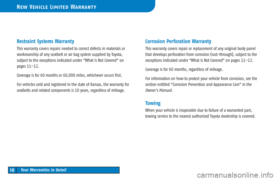 TOYOTA TACOMA 2006  Warranties & Maintenance Guides (in English) Restraint Systems Warranty
This warranty covers repairs needed to correct defects in materials or
workmanship of any seatbelt or air bag system supplied by Toyota, 
subject to the exceptions indicated