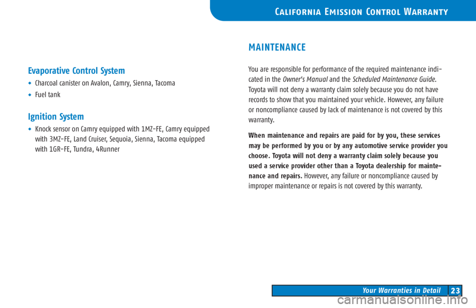 TOYOTA TACOMA 2006  Warranties & Maintenance Guides (in English) Evaporative Control System
¥Charcoal canister on Avalon, Camry, Sienna, Tacoma
¥Fuel tank
Ignition System
¥Knock sensor on Camry equipped with 1MZ�FE, Camry equipped 
with 3MZ�FE, Land Cruiser, Seq