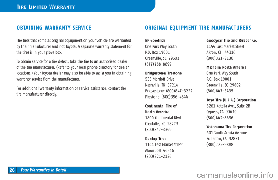 TOYOTA TACOMA 2006  Warranties & Maintenance Guides (in English) OBTAINING WARRANTY SERVICE ORIGINAL EQUIPMENT TIRE MANUFACTURERS
The tires that come as original equipment on your vehicle are warranted
by their manufacturer and not Toyota. A separate warranty state