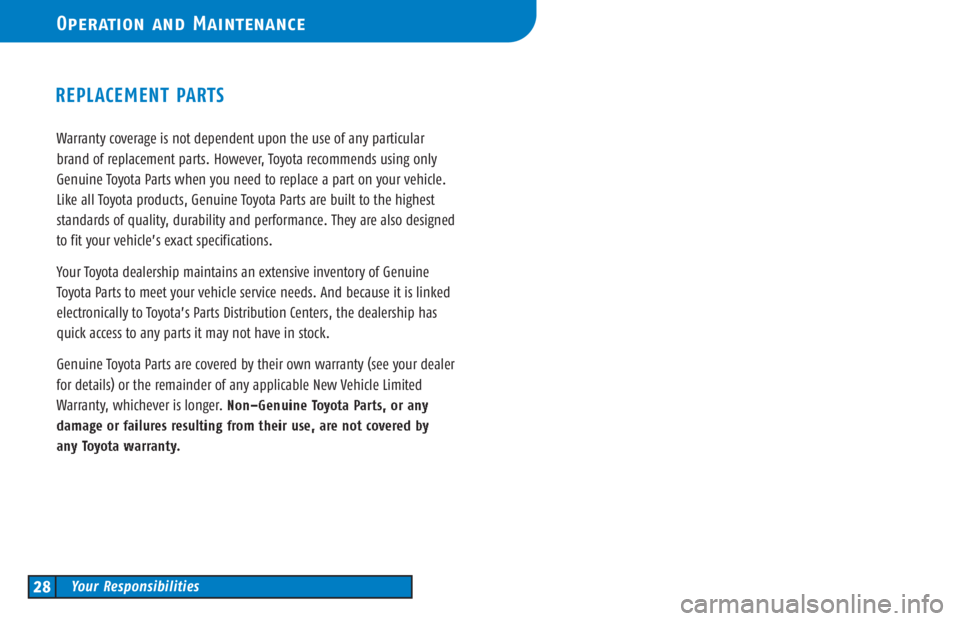 TOYOTA TACOMA 2006  Warranties & Maintenance Guides (in English) Warranty coverage is not dependent upon the use of any particular
brand of replacement parts. However, Toyota recommends using only
Genuine Toyota Parts when you need to replace a part on your vehicle