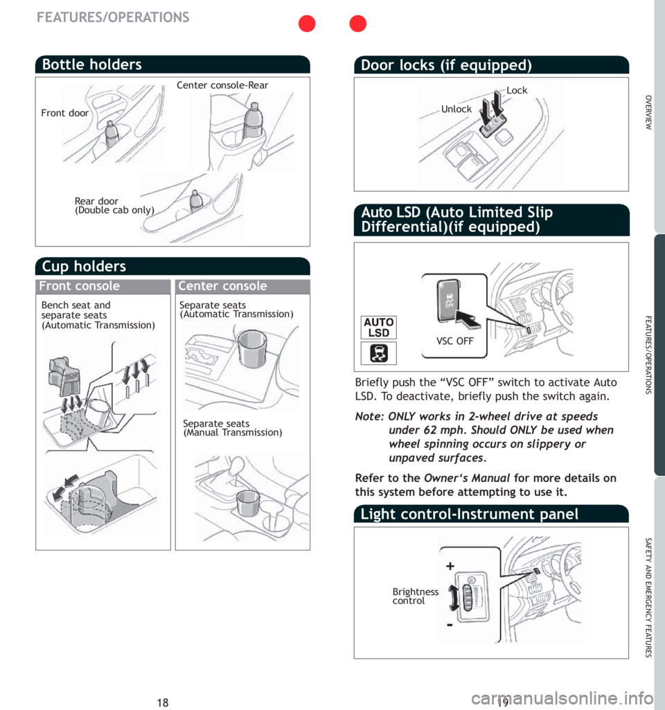 TOYOTA TACOMA 2007 (in English) User Guide 19
OVERVIEW
FEATURES/OPERATIONS
SAFETY AND EMERGENCY FEATURES
18
FEATURES/OPERATIONS
Door locks (if equipped)
Light control-Instrument panel
VSC OFF
Lock
Unlock
Brightness
control
-
Briefly push the TOYOTA TACOMA 2007 (in English) User Guide 19
OVERVIEW
FEATURES/OPERATIONS
SAFETY AND EMERGENCY FEATURES
18
FEATURES/OPERATIONS
Door locks (if equipped)
Light control-Instrument panel
VSC OFF
Lock
Unlock
Brightness
control
-
Briefly push the