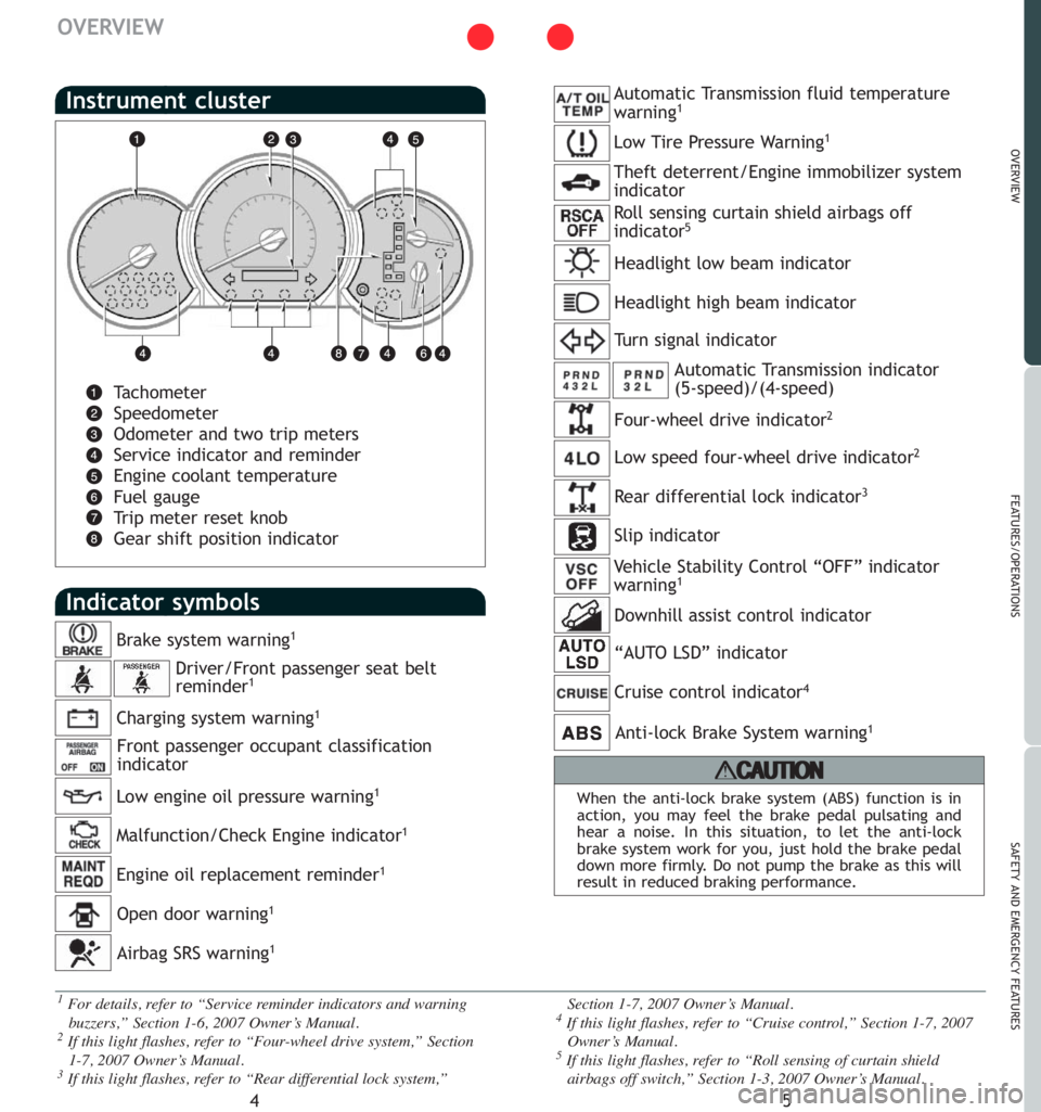 TOYOTA TACOMA 2007  Owners Manual (in English) 5
OVERVIEW
FEATURES/OPERATIONS
SAFETY AND EMERGENCY FEATURES
4
OVERVIEW
1For details, refer to “Service reminder indicators and warning
buzzers,” Section 1-6, 2007 Owner’s Manual.
2If this light