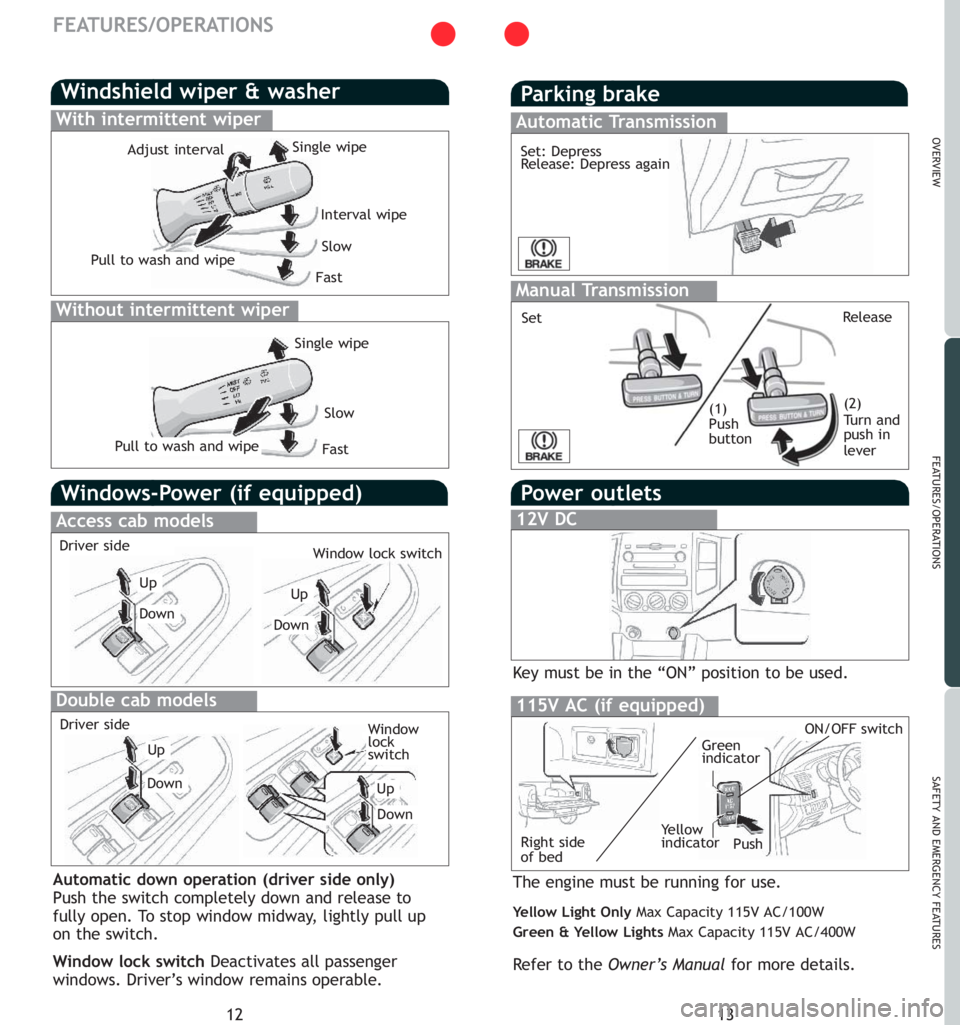 TOYOTA TACOMA 2007 Owners Manual (in English) 13
OVERVIEW
FEATURES/OPERATIONS
SAFETY AND EMERGENCY FEATURES
Parking brake
12
FEATURES/OPERATIONS
Windshield wiper & washer
Interval wipe
Single wipe
Slow
Manual Transmission
SetRelease
(1)
Push
bu TOYOTA TACOMA 2007 Owners Manual (in English) 13
OVERVIEW
FEATURES/OPERATIONS
SAFETY AND EMERGENCY FEATURES
Parking brake
12
FEATURES/OPERATIONS
Windshield wiper & washer
Interval wipe
Single wipe
Slow
Manual Transmission
SetRelease
(1)
Push
bu