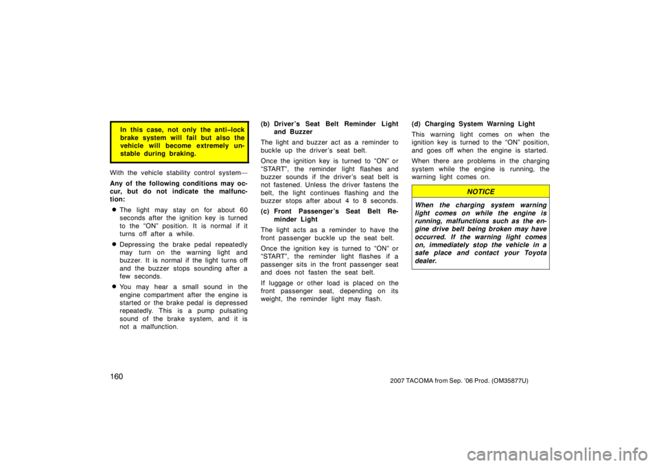 TOYOTA TACOMA 2007  Owners Manual (in English) 1602007 TACOMA from Sep. ’06 Prod. (OM35877U)
In this case, not only the anti�lock
brake system will fail but also the
vehicle will become extremely un-
stable during braking.
With the vehicle stabi