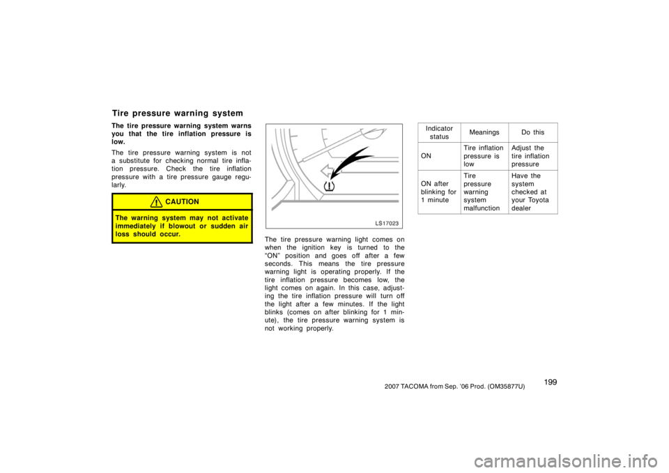 TOYOTA TACOMA 2007  Owners Manual (in English) 1992007 TACOMA from Sep. ’06 Prod. (OM35877U)
The tire pressure warning system warns
you that the tire inflation pressure is
low.
The tire pressure warning system is not
a substitute for checking no