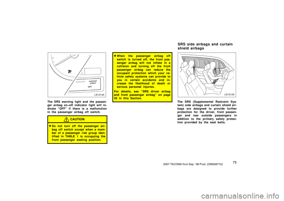 TOYOTA TACOMA 2007   (in English) Manual Online 732007 TACOMA from Sep. ’06 Prod. (OM35877U)
LS13140
The SRS warning light and the passen-
ger airbag on�off indicator light will in-
dicate “OFF” if there is a malfunction
in the passenger airb